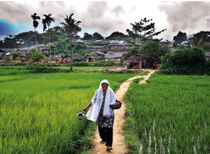 Médicos Sin Fronteras y 'EL PAÍS SEMANAL' se desplazan a Bangladesh y Malaisia para recoger el testimonio del horror de la minoría rohingyas, perseguida en Birmania.  Una mujer camina en busca de agua en el campo de refugiados de Kutupalong (Bangladesh), donde viven hacinados más de 30.000 rohingyas.