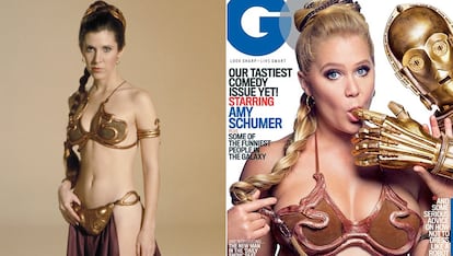 Otra de las prendas icónicas de Leia Organa es este sexy conjunto que viste durante su periodo como esclava de Jabba el Hutt. A la derecha, la humorista Amy Schumer reinterpretándolo para la edición norteamericana de GQ.