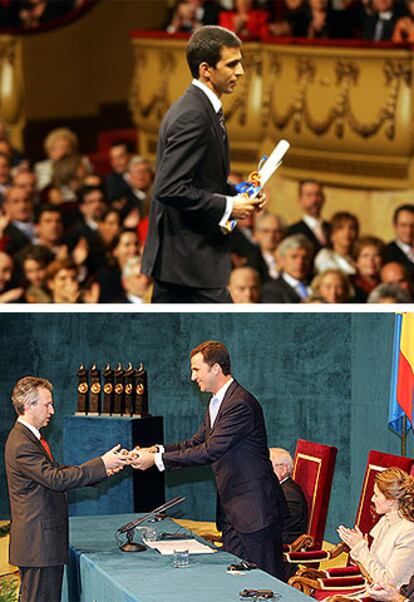 Hicham el Guerruj, Premio de Deportes, tras recoger el galardón; y Joan Massagué, en nombre de los oncólogos, recoge el Premio a la Investigación Científica y Técnica.