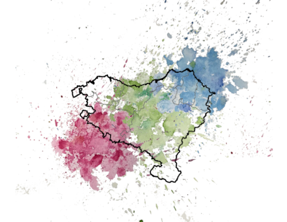 Representación con colores de la estructura genética en el territorio históricamente vascohablante, con el verde simbolizando la ancestralidad vasca y el azul y el rojo, la mezcla con las poblaciones circundantes.