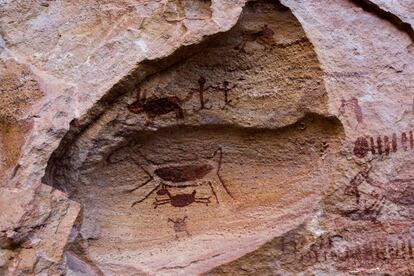 Figuras em ocre mostram o que seriam dois homens com pênis ereto (acima à direita). A imagem dos dois veados (ao centro), tornou-se o símbolo do Parque Nacional: feitas com duas técnicas diferentes, os pesquisadores acreditam que tenham sido desenhadas por dois grupos distintos que viveram na região.