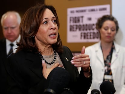 U.S. Vice President Kamala Harris speaks during a visit to the St. Paul Health Center, a clinic that performs abortions, in St. Paul, Minnesota, U.S., March 14, 2024.