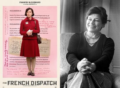 Frances McDormand en 'La crónica francesa' y la escritora que la inspira, Mavis Gallant, que también cubrió el Mayo del 68 para 'The New Yorker'. 
