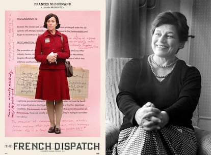 Frances McDormand en 'La crónica francesa' y la escritora que la inspira, Mavis Gallant, que también cubrió el Mayo del 68 para 'The New Yorker'. 
