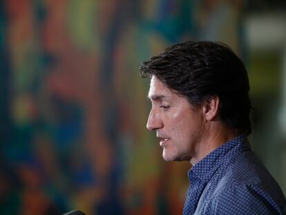 Canada's Prime Minister Justin Trudeau makes comments at an evacuation center providing services for people fleeing the fires near Yellowknife, Northwest Territories, in Edmonton, Alberta, Canada, August 18, 2023.