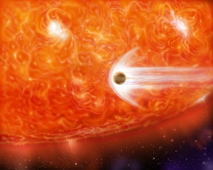 Ilustración de la estrella gigante roja tragándose un planeta.