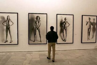 Cuatro fotografías <i>Gran desnudo</i>, de Helmut Newton, de la colección Taschen, en el montaje del Museo Nacional Reina Sofía.