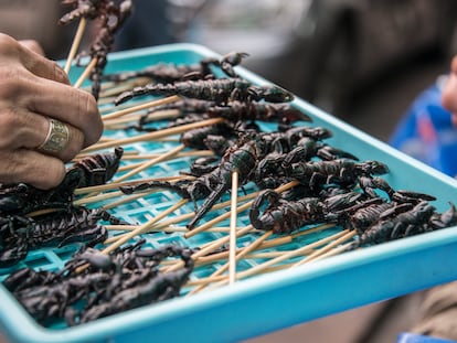 Brochetas de escorpión en un mercado local en la Kao San Road, en Bangkok (Tailandia).