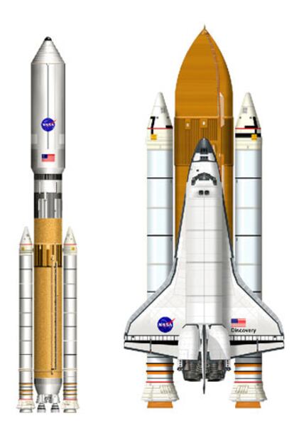 Imagen del transbordador, confrontada (no a escala) con un posible diseño de la nueva nave de la NASA, apuntado por el constructor espacial ATK en su página de Internet.