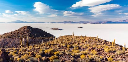 Islas en el desierto blanco de Uyuni, en Bolivia.