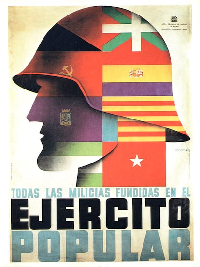 Este cartel del ilustrador Emeterio Melendreras usado durante la Guerra Civil española bajo el lema 'Todas las milicias fundidas en el Ejército Popular' recurre a ocho banderas distintas para representar la unidad frente a los golpistas.