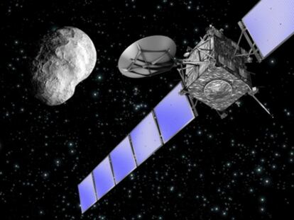 Ilustración del sobrevuelo del asteroide Stein realizado por la nave espacial 'Rosetta' en 2008