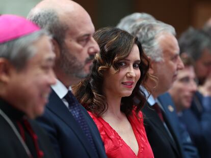 La presidenta de la Comunidad de Madrid, Isabel Díaz Ayuso, durante el acto institucional de imposición de las Grandes Cruces de la Orden del Dos de Mayo, este jueves en Madrid.
