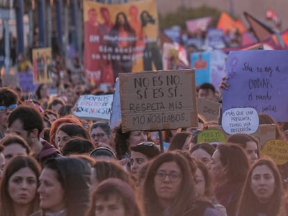 Manifestantes en la marcha convocada por el 8-M, en Sevilla.