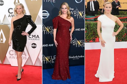 Reese Witherspoon. La actriz y productora siempre ha sabido bien lo que le favorece: en las alfombra rojas, vestidos largos monocolor. En eventos diurnos, diseños a la altura de la rodilla muchas veces con estampado floral. Pero además, los últimos años ha sustituido su famoso escote palabra de honor por el asimétrico. Y lo ha llevado de todas las formas posibles. Sin duda ella y su estilista, Petra Flannery, tienen las ideas claras.