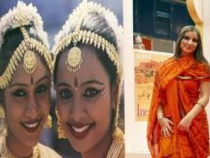 Dos jóvenes ataviadas con el traje típico a la entrada del Pabellón de la India en la Feria Internacional de Turismo de Madrid (FITUR). EFE/Archivo