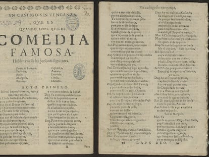 Las primeras páginas del ejemplar "pirata" de 'El castigo sin venganza' que reposa en la Biblioteca Nacional.
