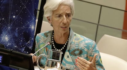 Christine Lagarde, diretora-gerente do FMI, durante apresentação semana passada na sede da ONU em Nova York.