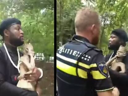 Dos instantes del robo de una figura congoleña, antes y después de la actuación de la policía holandesa.