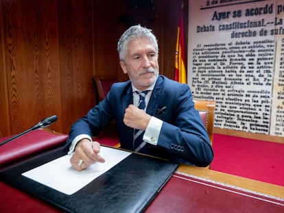El ministro del Interior, Fernando Grande-Marlaska, durante su comparecen este jueves en la comisión de investigación del Senado sobre el 'caso Koldo'.