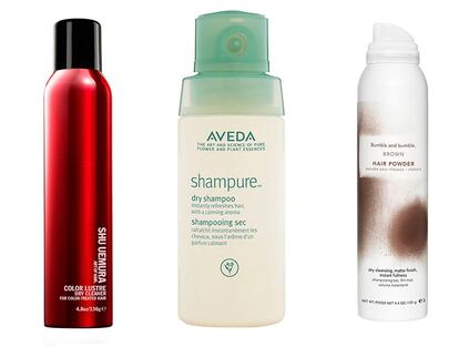 Champú secco para cabello teñido de Shu Uemura, con aroma calmante de Aveda y para cabellos castaños de Bumble & Bumble.
