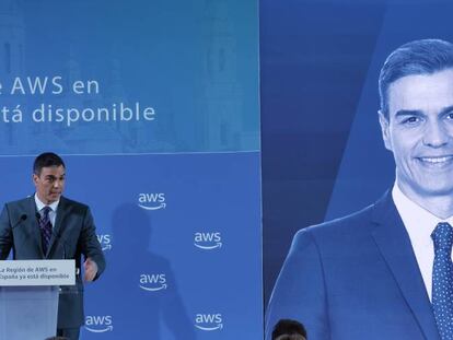 El presidente del Gobierno, Pedro Sánchez, durante un evento de Amazon Web Services (AWS), en Madrid.