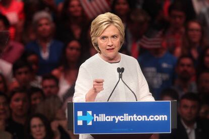 Hillary Clinton addressing a crowd in New Jersey.