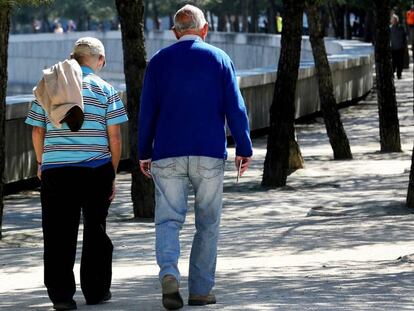 Dos hombres pasean por un parque de Madrid.