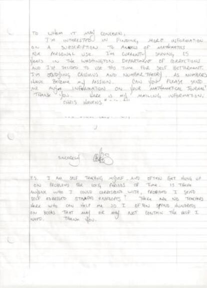 La primera carta enviada por Havens, un preso que cumple condena en el Departamento de Prisiones del Estado de Washington.