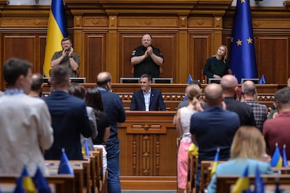 El presidente del Gobierno español, Pedro Sánchez, durante su discurso ante el Parlamento de Ucrania. 