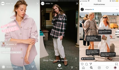 A la izda. y en el centro, dos de las opciones de venta utilizadas a diario por @Aritzia: taggeando o con link a su ecommerce. A la dcha., una de las publicaciones de Net-a-porter, en la que se puede comprar cada prenda.