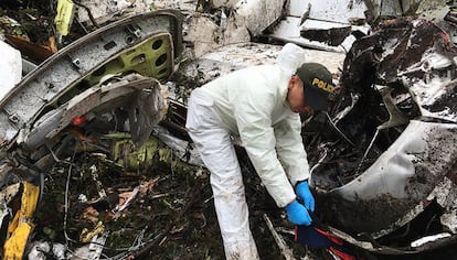 Un agente de la policía trabaja cerca de los restos del avión siniestrado en La Unión (Colombia).