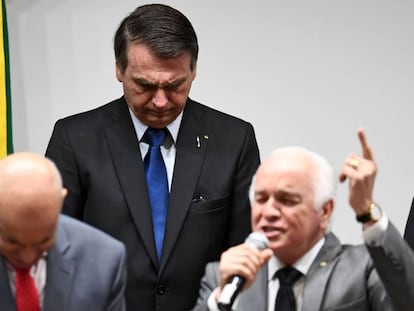 O presidente Jair Bolsonaro, durante um culto evangélico no Congresso Nacional nesta quarta-feira.