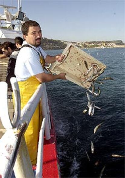 Un pescador de Getaria (Guipúzcoa) arroja ayer sardinas al mar.
