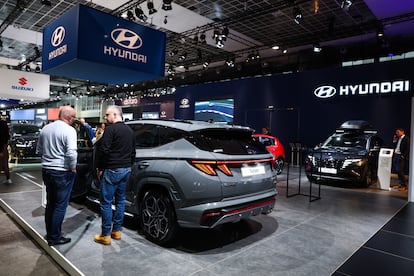 Estante de la marca Hyundai en el salón del automóvil de Bruselas (Bélgica), el 13 de febrero.