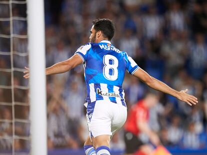 Mikel Merino of Real Sociedad reacts after scoring first goal during the La Liga Santander match between Real Sociedad and RCD Mallorca at Reale Arena on October 19, 2022, in San Sebastian, Spain.
AFP7 
19/10/2022 ONLY FOR USE IN SPAIN
