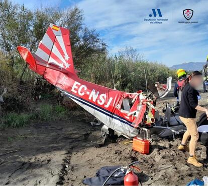 Estado de la avioneta accidentada en la que ha fallecido su piloto, en Vélez-Málaga. / CONSORCIO PROVINCIAL DE BOMBEROS DE LA DIPUTACIÓN DE MÁLAGA