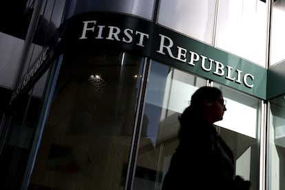 A pedestrian walks by a First Republic bank on April 26, 2023 in San Francisco, California.