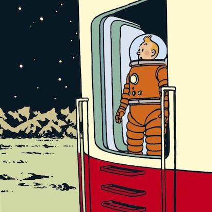 Ilustración de Georges Remi, Hergé, para el álbum Aterrizaje en la Luna, de 1952.