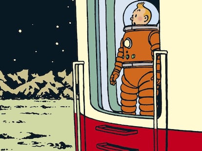 Ilustración de Georges Remi, Hergé, para el álbum Aterrizaje en la Luna, de 1952.