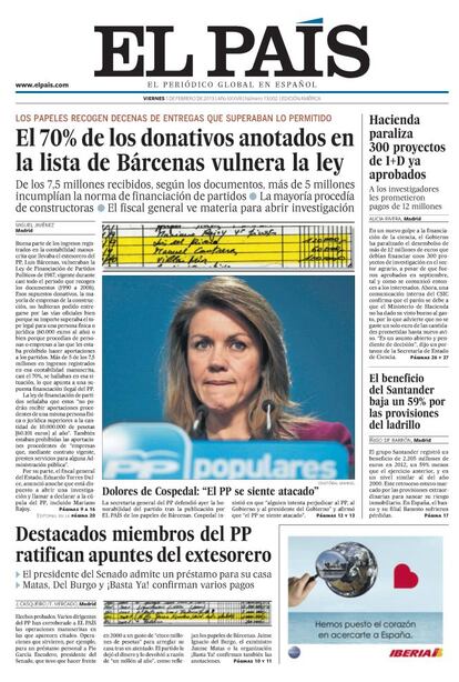 Portada del 1 de febrero de 2013. Sigue la relaci&oacute;n de anotaciones de los papeles de B&aacute;rcenas y una primera reacci&oacute;n de Mar&iacute;a Dolores de Cospedal: &quot;El PP se siente atacado&quot;