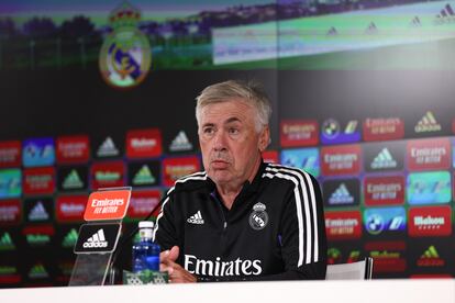 Carlo Ancelotti, este sábado en la rueda de prensa en Valdebebas.