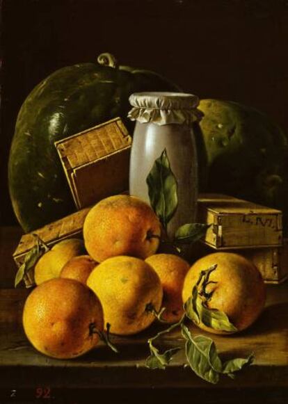 ‘Bodegón con naranjas melero cajas de dulces y sandías’ de Meléndez Luis Egidio, Museo Nacional del Prado.