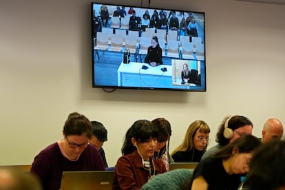 Sala de prensa donde se sigue la declaración de Jenni Hermoso, hoy en la Audiencia Nacional.