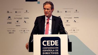 Jordi Gual, presidente de Caixabank, este martes en el XVI congreso de la Confederación Española de Directivos y Ejecutivos.