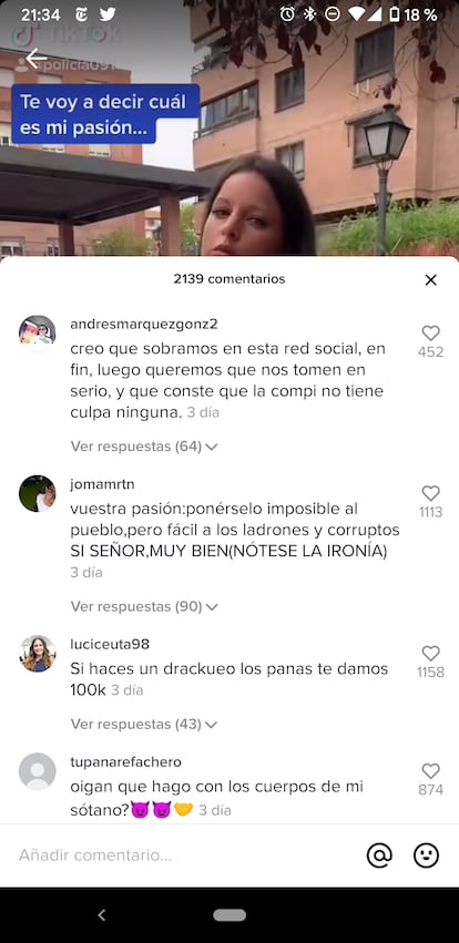 COmentarios en el TikTok de la Policía.