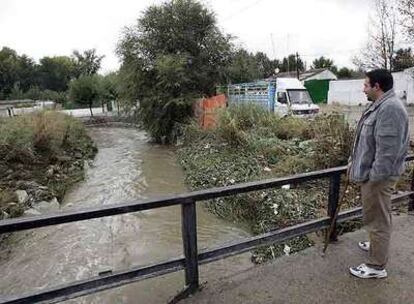 Un vecino observa el río Guadarrama junto a las viviendas, en Móstoles.