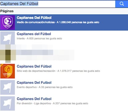 Una cerca a Facebook de Capitanes del Fútbol mostra la pàgina amb més d'un milió de seguidors i d'altres amb el mateix nom que han estat eliminades.