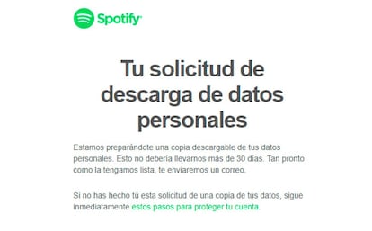 Una vez que hemos solicitado la descarga, esta podría tardar un tiempo, por lo que una vez hecha la solicitud, recibiremos un corre electrónico desde Spotify, certificando que la solicitud se ha realizado correctamente, y que nos notificarán cuando esta sea una realidad y puedan descargarse los datos.