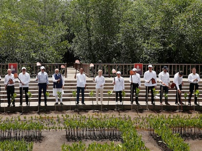 Líderes del G-20 participan en un acto de plantación de manglares en el Parque Forestal Tahura Ngurah Rai de Bali, este miércoles.